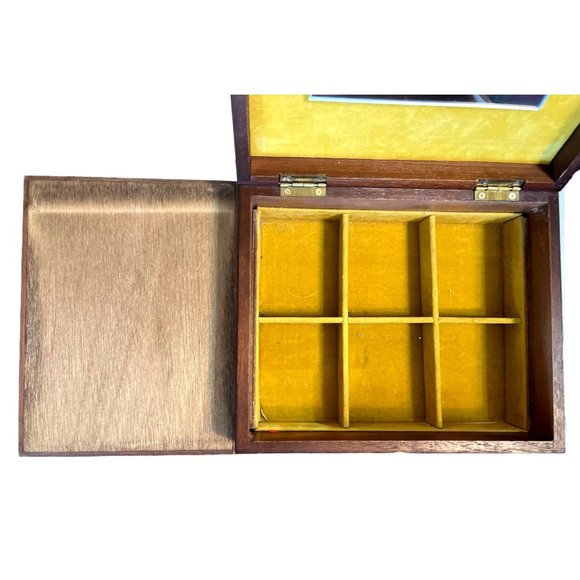 Vtg Wooden Jewelry Box Tapestry Top Yellow Velvet Lining Tray Mirror - Picture 5 of 10